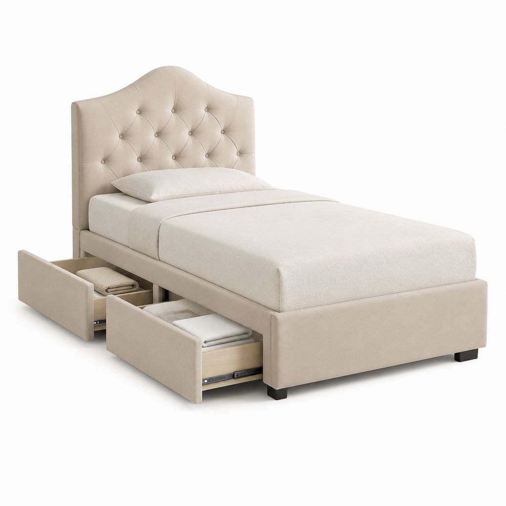 Letto contenitore singolo beige in poliestere capitonné con 2 cassetti 90 x 190 cm