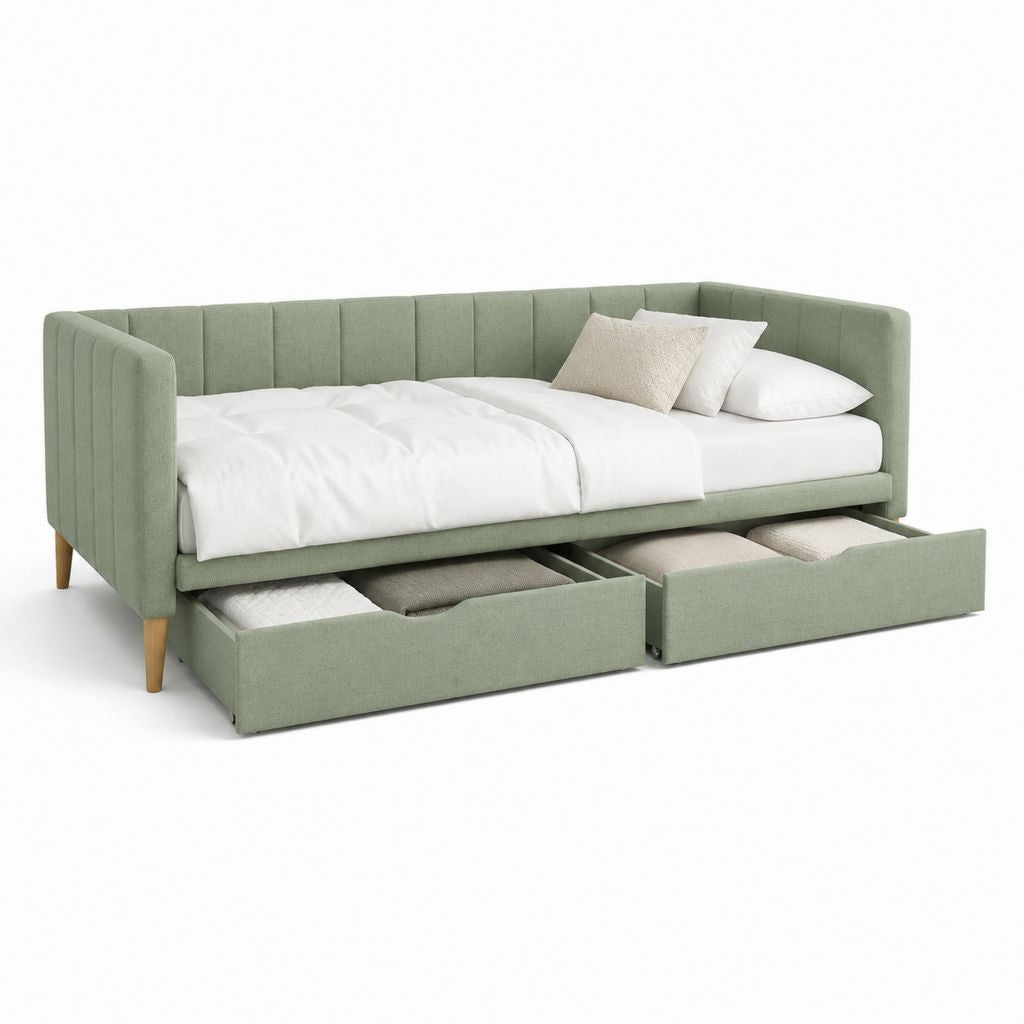 Letto singolo contenitore rettangolare verde salvia rivestito in poliestere 205 x 100 x 90 cm