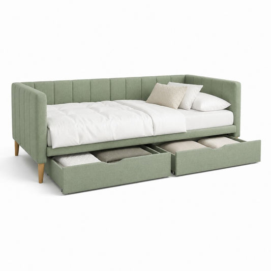 Letto singolo contenitore rettangolare verde salvia rivestito in poliestere 205 x 100 x 90 cm