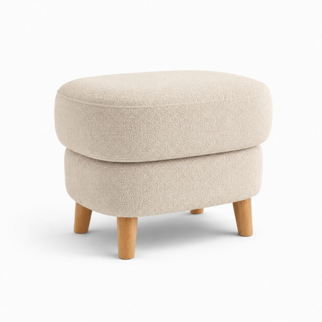 Pouf poggiapiedi beige in poliestere bouclé ovale con gambe in legno massello 60 x 45 x 45 cm