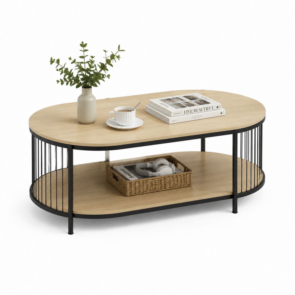 Tavolino da caffè ovale a 2 ripiani rovere chiaro MDF e acciaio nero 100 x 50 x 45 cm