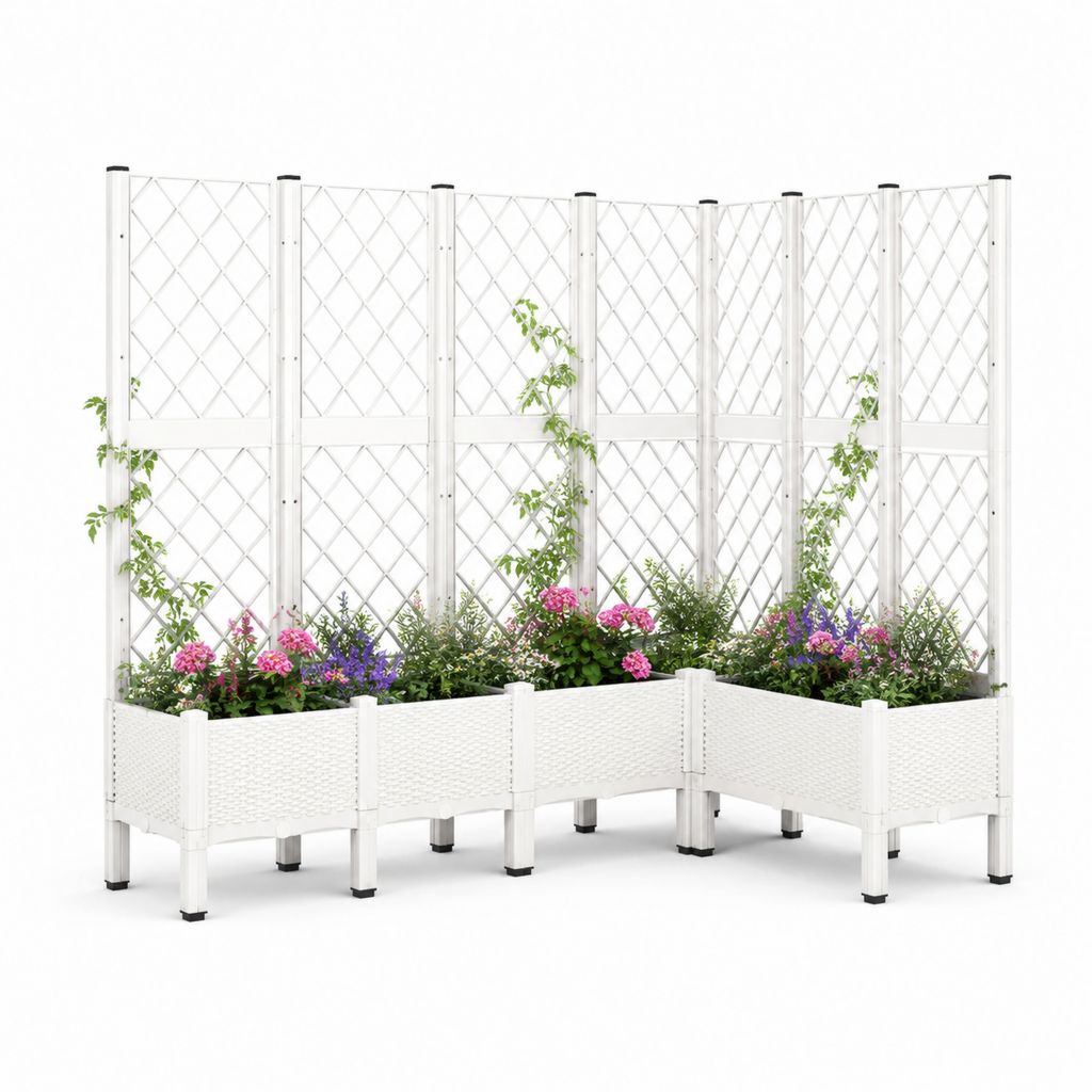 Fioriere rialzate angolari con grigliato set 3 pezzi bianche in PP 40 x 40 x 142 cm
