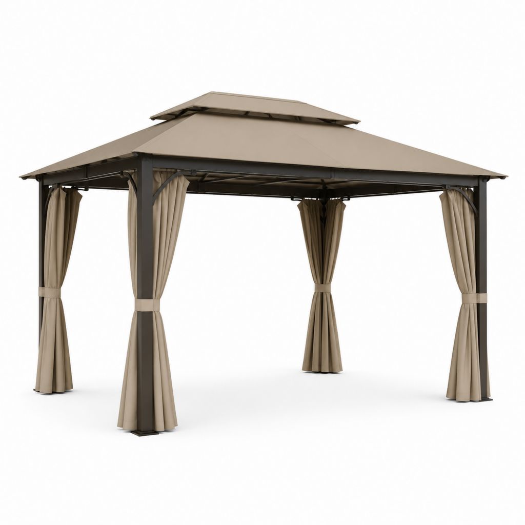 Gazebo da giardino rettangolare beige e antracite in acciaio e poliestere 400 x 300 x 285 cm con tende laterali