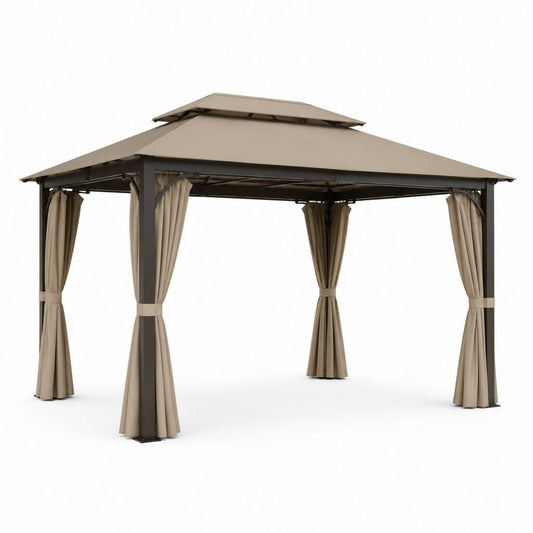 Gazebo da giardino rettangolare beige e antracite in acciaio e poliestere 400 x 300 x 285 cm con tende laterali