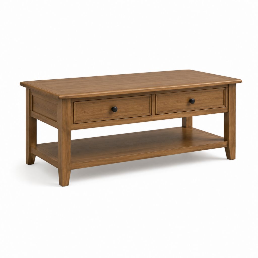 Tavolino da caffè con 2 cassetti marrone in legno massello di gomma rettangolare 110 x 60 x 45 cm