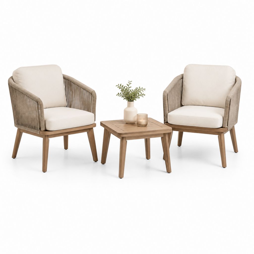 Set da giardino 2 poltrone e tavolino beige in legno massello di acacia e corda in polipropilene 68 x 70 x 78 cm