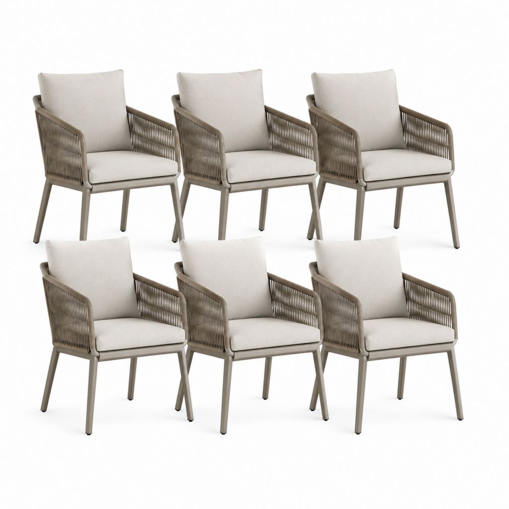 Set 6 sedie da giardino con braccioli beige e tortora in alluminio corda PP e poliestere 57 x 60 x 84 cm
