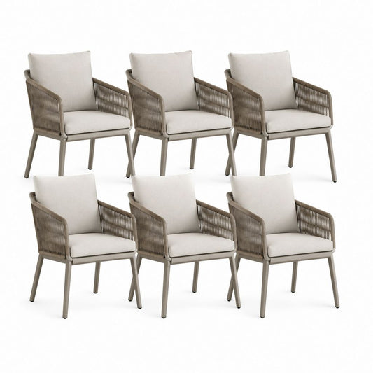 Set 6 sedie da giardino con braccioli beige e tortora in alluminio corda PP e poliestere 57 x 60 x 84 cm