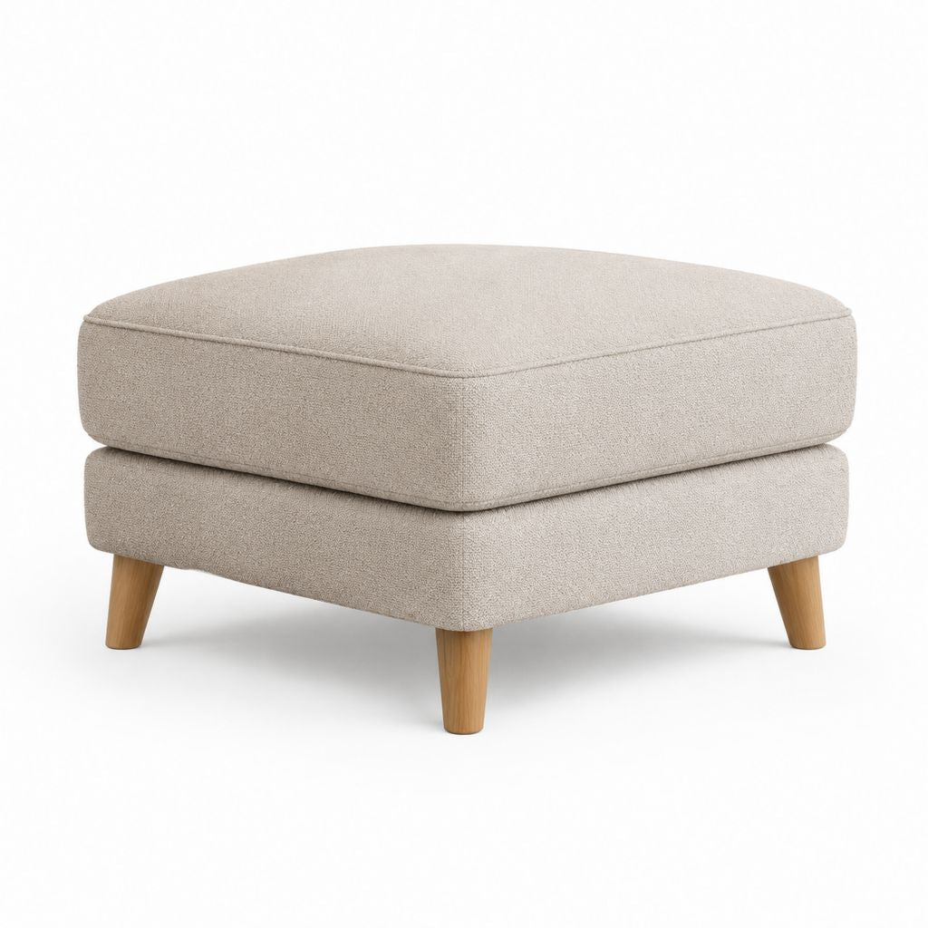 Pouf poggiapiedi rettangolare beige in poliestere bouclé con gambe in legno massello 80 x 60 x 43 cm