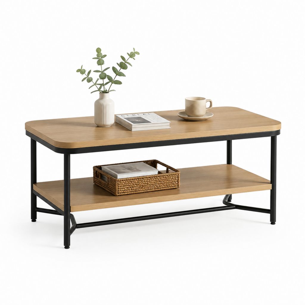 Tavolino da caffè rettangolare con ripiano rovere chiaro e acciaio nero 100 x 50 x 45 cm