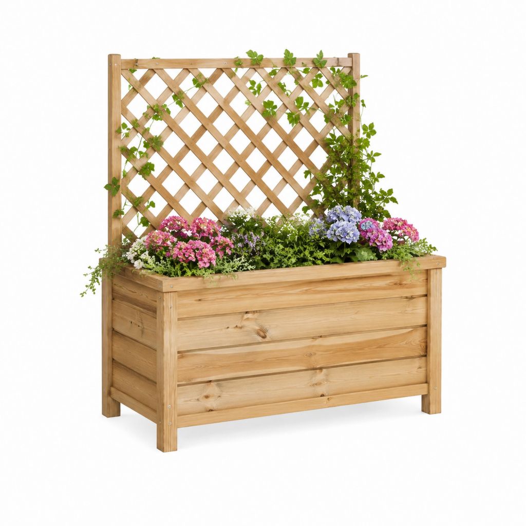 Fioriera con grigliato da giardino naturale in legno massello di abete rettangolare 80 x 40 x 140 cm