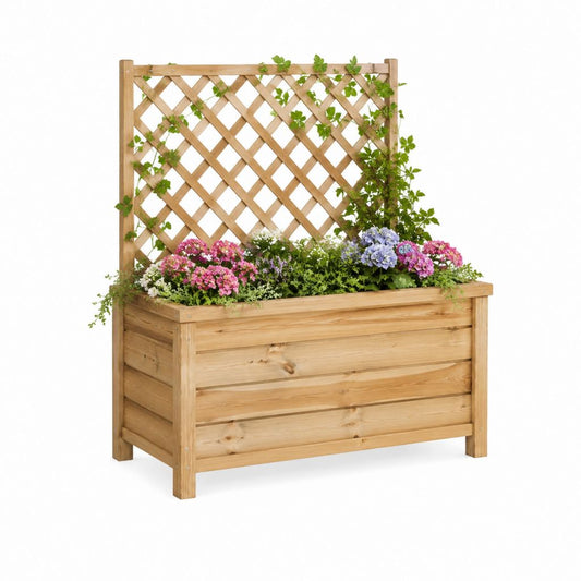 Fioriera con grigliato da giardino naturale in legno massello di abete rettangolare 80 x 40 x 140 cm