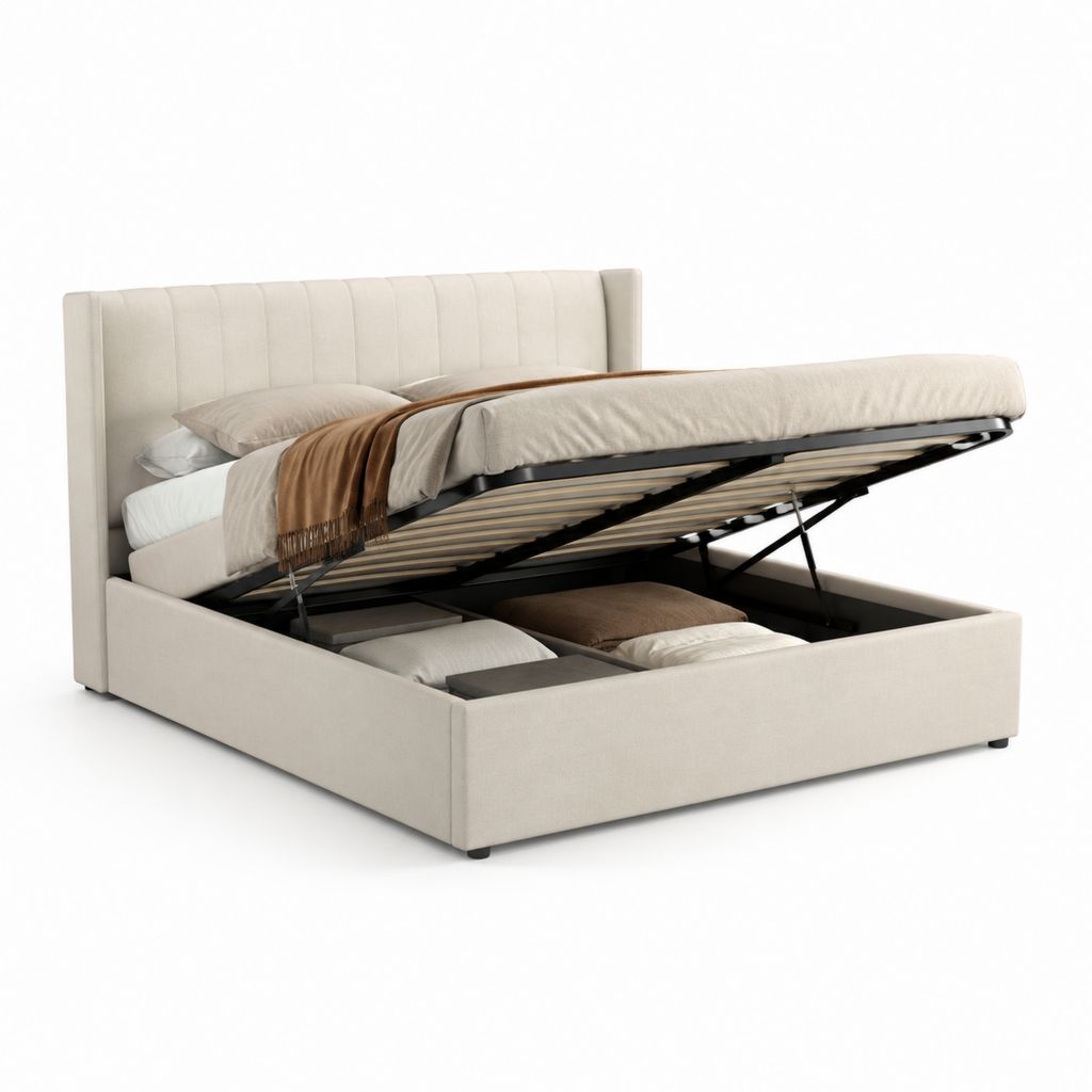 Letto contenitore matrimoniale beige in poliestere con testiera imbottita 160 x 200 cm