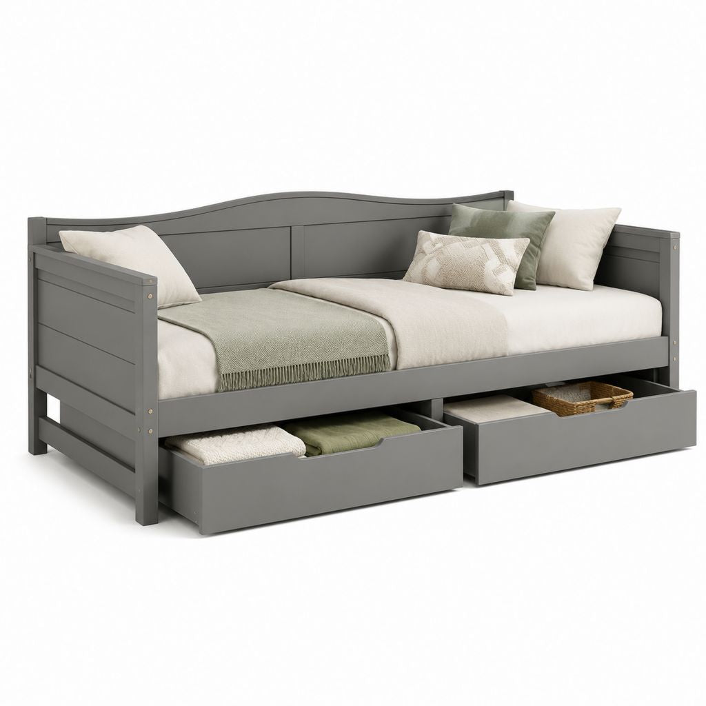Divano letto singolo grigio in legno massello di pino con 2 cassetti 198 x 98 x 90 cm