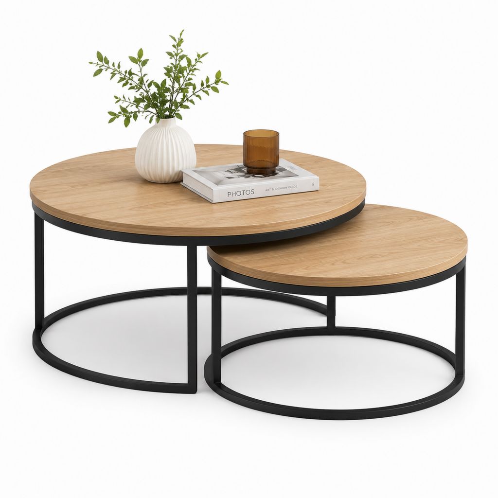 Set 2 tavolini da caffè rotondi rovere chiaro e acciaio nero Ø80 x 45 cm Ø60 x 35 cm