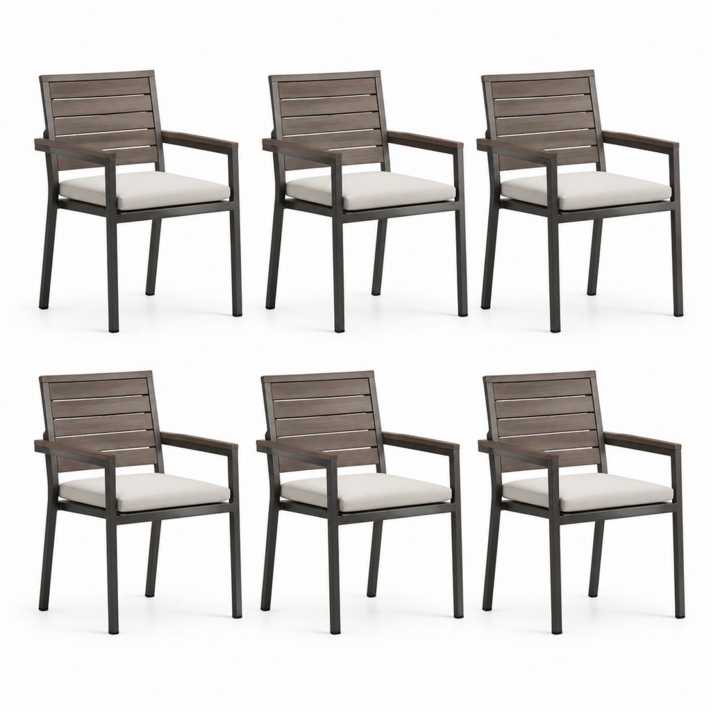 Set 6 sedie da giardino con braccioli marrone scuro in legno massello di acacia con cuscini crema 56 x 62 x 92 cm