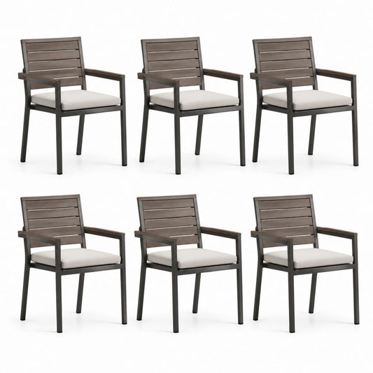 Set 6 sedie da giardino con braccioli marrone scuro in legno massello di acacia con cuscini crema 56 x 62 x 92 cm
