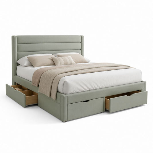 Letto contenitore matrimoniale verde salvia in poliestere rettangolare con 4 cassetti 160 x 200 cm