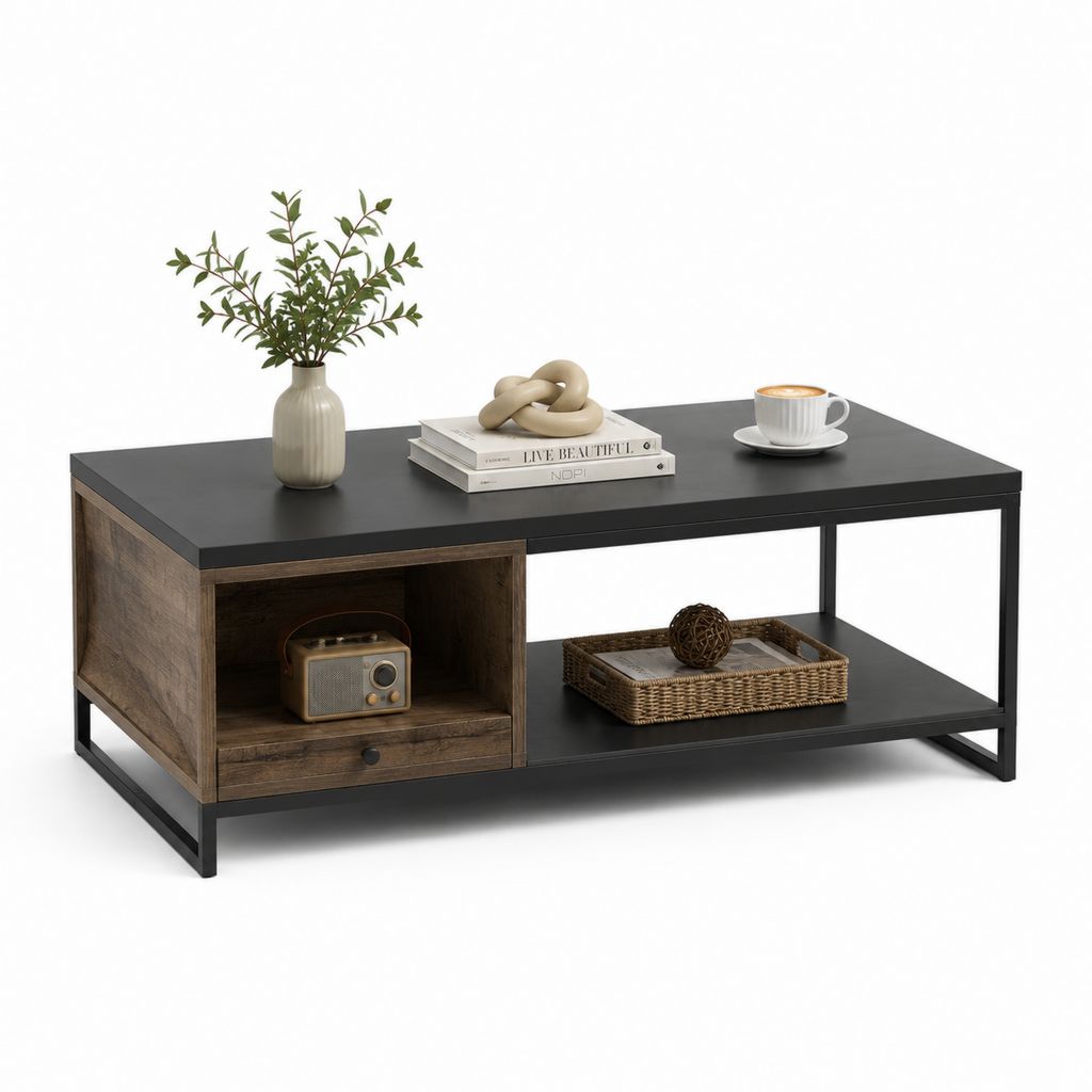 Tavolino da caffè con cassetto e ripiani nero e marrone in pannello truciolare e acciaio 110 x 55 x 45 cm