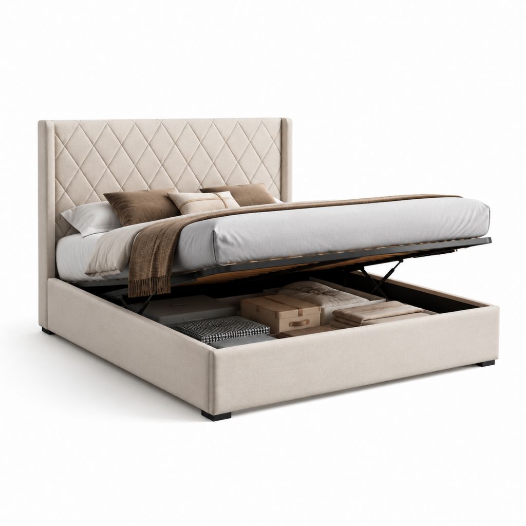 Letto contenitore matrimoniale beige in poliestere con testiera trapuntata 160 x 200 cm