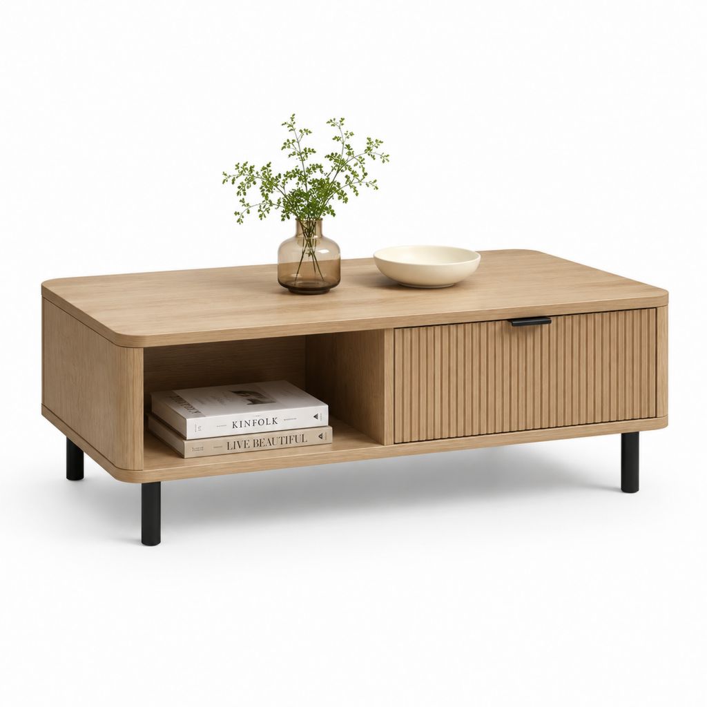 Tavolino da caffè rettangolare rovere chiaro in MDF 110 x 60 x 45 cm con vano e anta scorrevole
